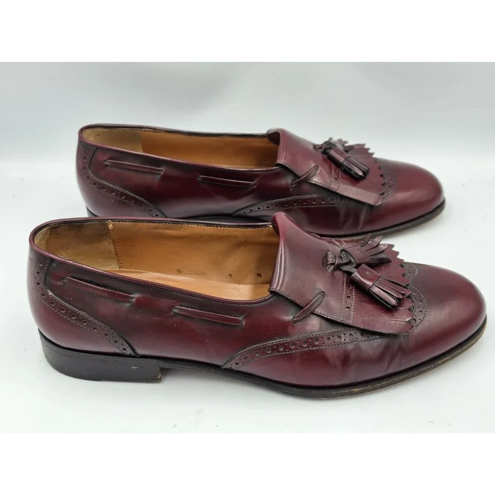 Salvatore Ferragamo Mens Burgundy Leather Tassel Brogue  Loafers Size 10 EE Wide